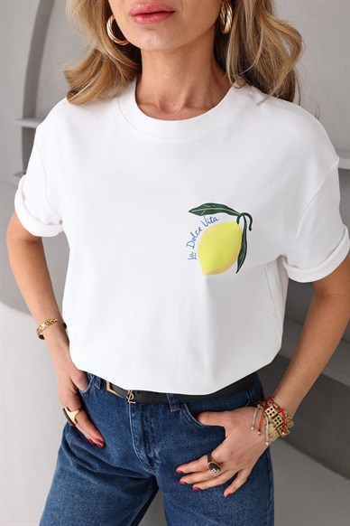 Bisiklet Yaka Limon Baskılı Tshirt