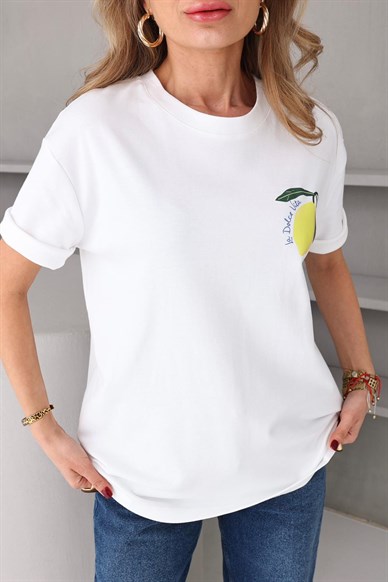 Bisiklet Yaka Limon Baskılı Tshirt