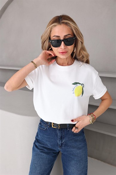 Bisiklet Yaka Limon Baskılı Tshirt