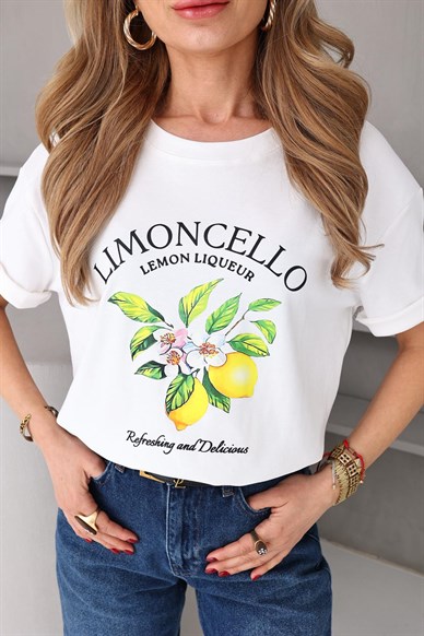 Bisiklet Yaka Limon Çiçeği Baskılı Tshirt