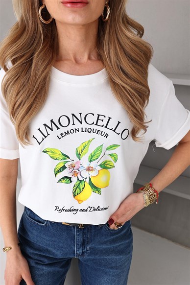 Bisiklet Yaka Limon Çiçeği Baskılı Tshirt
