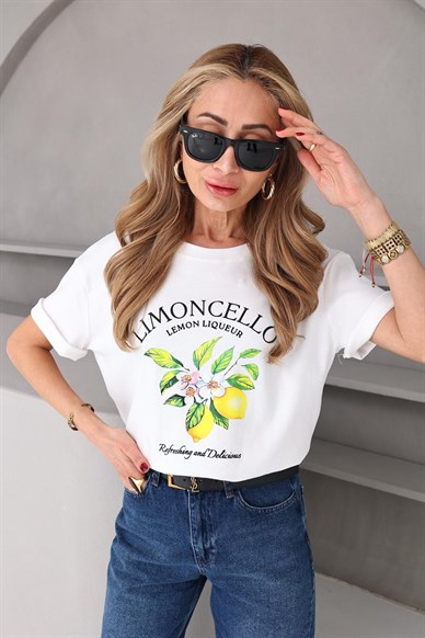 Bisiklet Yaka Limon Çiçeği Baskılı Tshirt