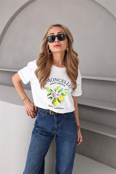 Bisiklet Yaka Limon Çiçeği Baskılı Tshirt