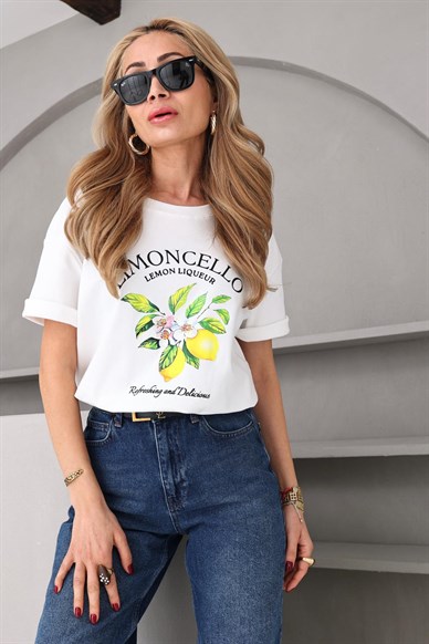 Bisiklet Yaka Limon Çiçeği Baskılı Tshirt