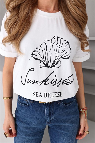 Bisiklet Yaka Midye Baskılı Tshirt