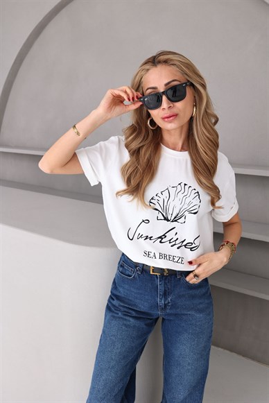 Bisiklet Yaka Midye Baskılı Tshirt