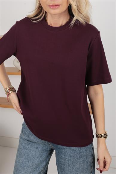 Bisiklet Yaka Mürdüm Basic Tshirt