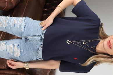 Bisiklet Yaka Nakışlı Lacivert  Basic Tshirt