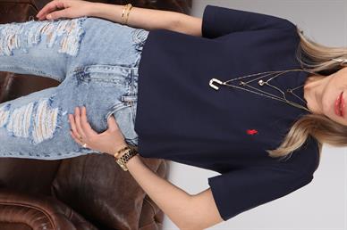 Bisiklet Yaka Nakışlı Lacivert  Basic Tshirt