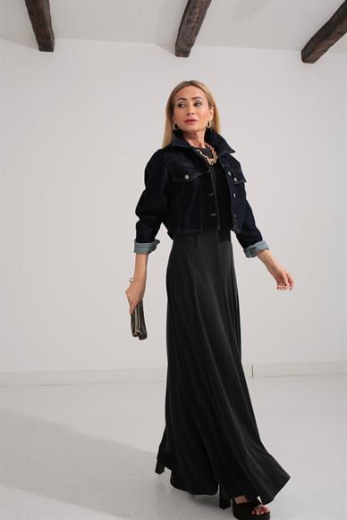 Bisiklet Yaka Parçalı Kaşkorse Füme Elbise