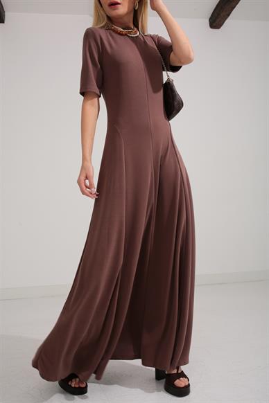 Bisiklet Yaka Parçalı Kaşkorse Kahve Elbise