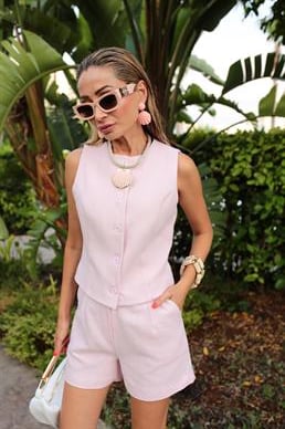 Bisiklet Yaka Pembe Yelek Şort Takım