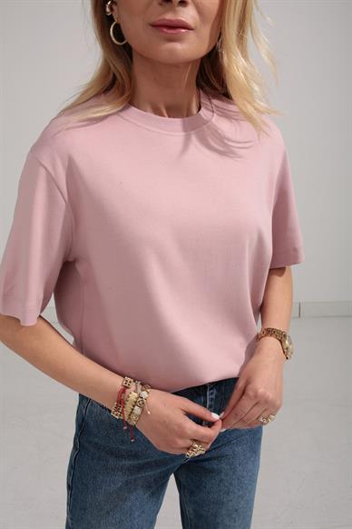 Bisiklet Yaka Pudra Basic Tshirt