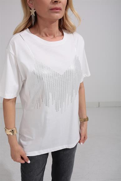 Bisiklet Yaka Sİlver Baskılı Ekru Tshirt