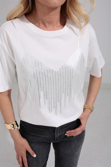 Bisiklet Yaka Sİlver Baskılı Ekru Tshirt