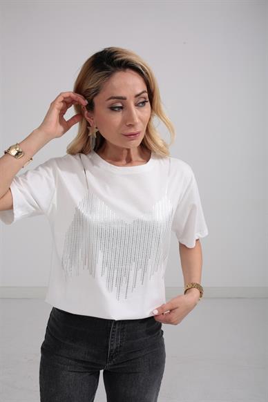 Bisiklet Yaka Sİlver Baskılı Ekru Tshirt