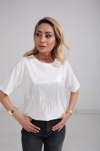 Bisiklet Yaka Sİlver Baskılı Ekru Tshirt