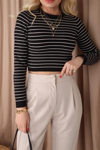 Bisiklet Yaka Siyah Çizgili Crop Kazak