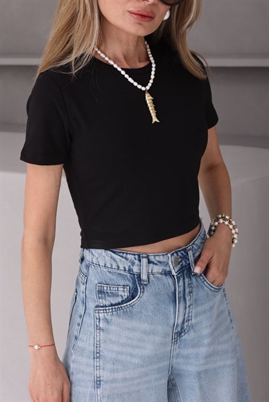 Bisiklet Yaka Siyah Crop Tshirt