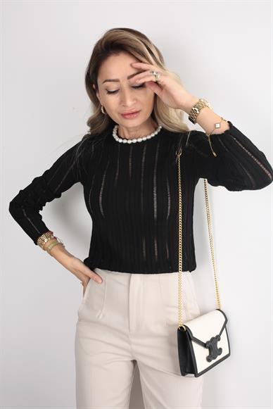 Bisiklet Yaka Siyah Transparan Triko Kazak