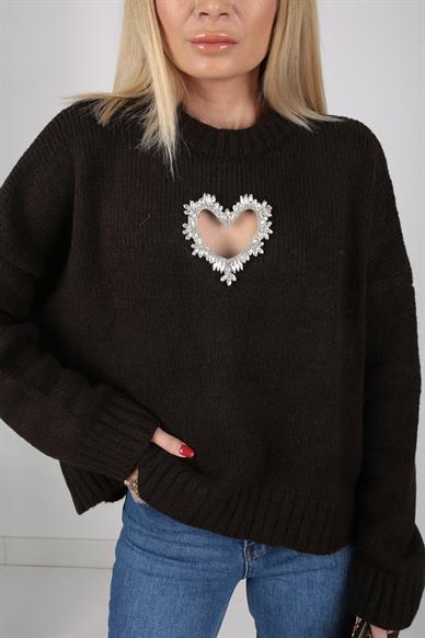 Bisiklet Yaka Taş İşli Acı Kahve Kazak