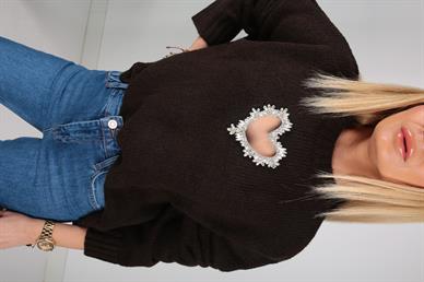 Bisiklet Yaka Taş İşli Acı Kahve Kazak