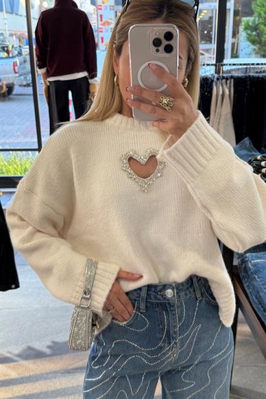 Bisiklet Yaka Taş İşli Ekru Basic Kazak