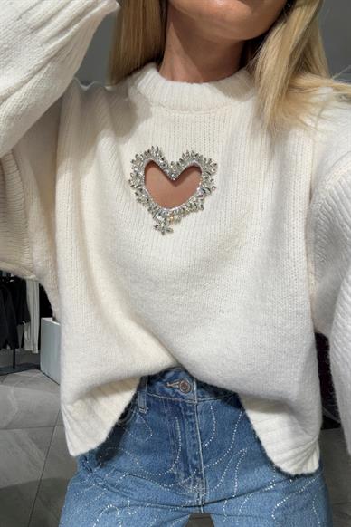 Bisiklet Yaka Taş İşli Ekru Basic Kazak