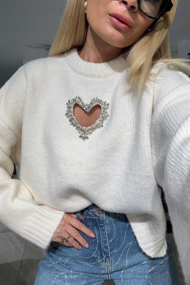 Bisiklet Yaka Taş İşli Ekru Basic Kazak