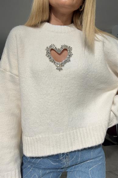 Bisiklet Yaka Taş İşli Ekru Basic Kazak