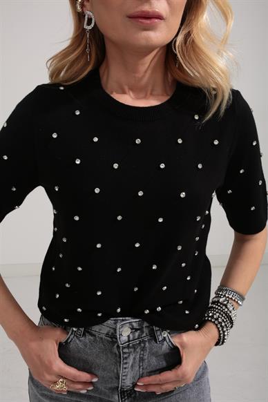 Bisiklet Yaka Taş İşli Siyah Triko Bluz