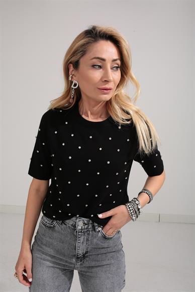 Bisiklet Yaka Taş İşli Siyah Triko Bluz