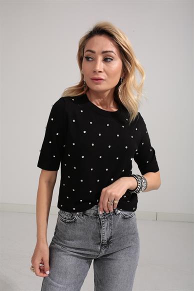 Bisiklet Yaka Taş İşli Siyah Triko Bluz