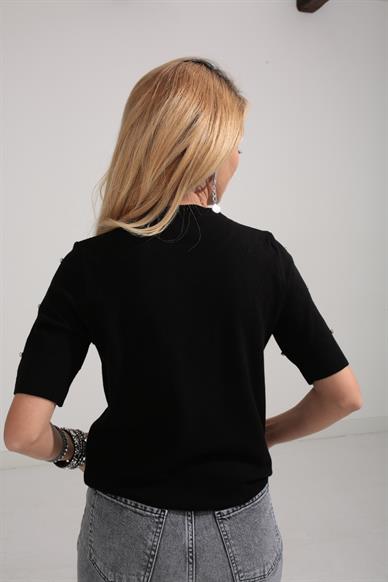 Bisiklet Yaka Taş İşli Siyah Triko Bluz