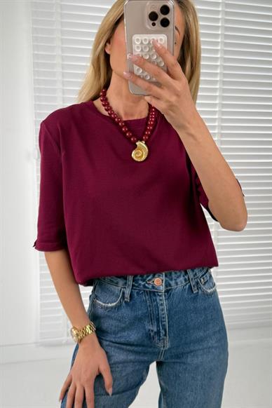 Bisiklet Yaka Yarım Kol Bordo Triko