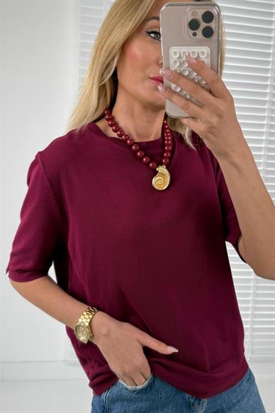 Bisiklet Yaka Yarım Kol Bordo Triko