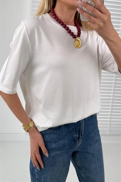 Bisiklet Yaka Yarım Kol Ekru Triko