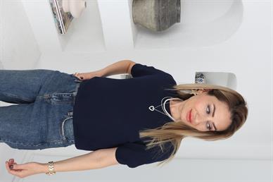 Bisiklet Yaka  Yarım Kollu Lacivert Triko