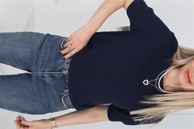 Bisiklet Yaka  Yarım Kollu Lacivert Triko