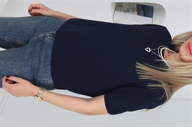 Bisiklet Yaka  Yarım Kollu Lacivert Triko