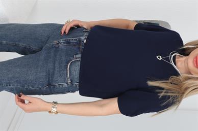 Bisiklet Yaka  Yarım Kollu Lacivert Triko