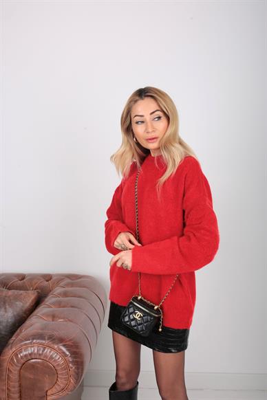 Bisiklet YakaKırmızı Basic Kazak