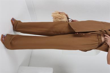 Boncuk Detay Bağlamalı Kahve Keten Takım