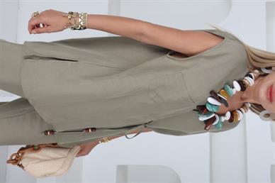 Boncuk Detay Bağlamalı Mint Keten Takım