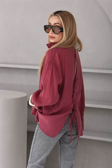 Bordo Arkası Bağlamalı Vual  Gömlek