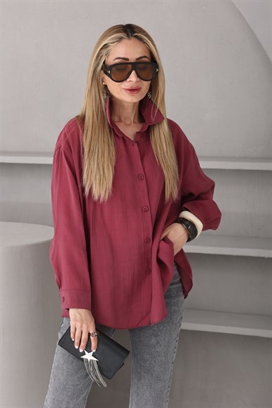 Bordo Arkası Bağlamalı Vual  Gömlek
