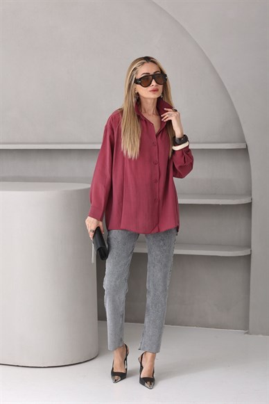 Bordo Arkası Bağlamalı Vual  Gömlek
