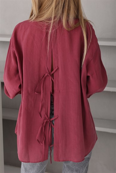 Bordo Arkası Bağlamalı Vual  Gömlek