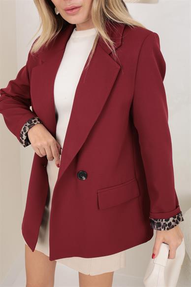 Bordo Atlas Leopar Astarlı Blazer Ceket