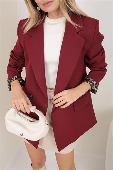 Bordo Atlas Leopar Astarlı Blazer Ceket